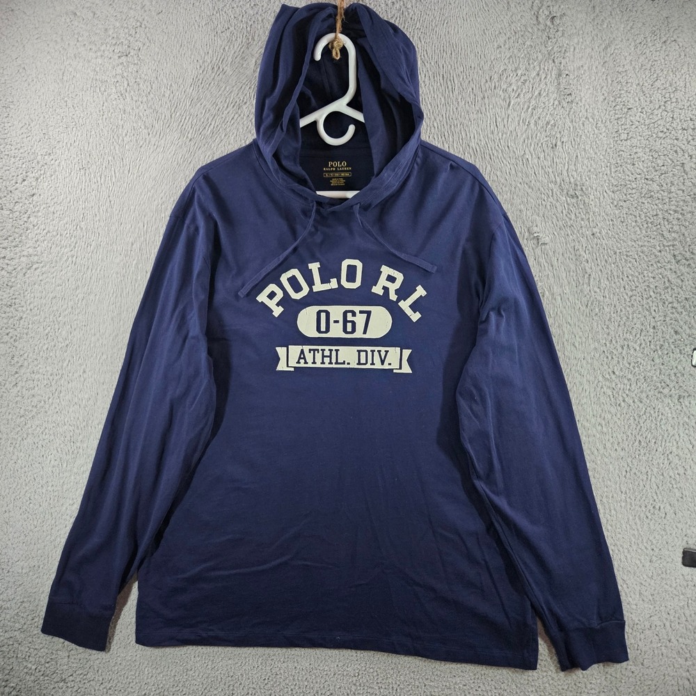 Polo Ralph Lauren Mens XL Navy Blue Athl Div 0-67 Graphic Hooded T-Shirt LS